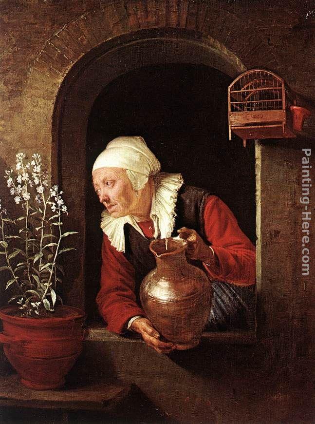 Gerrit Dou Old Woman Watering Flowers